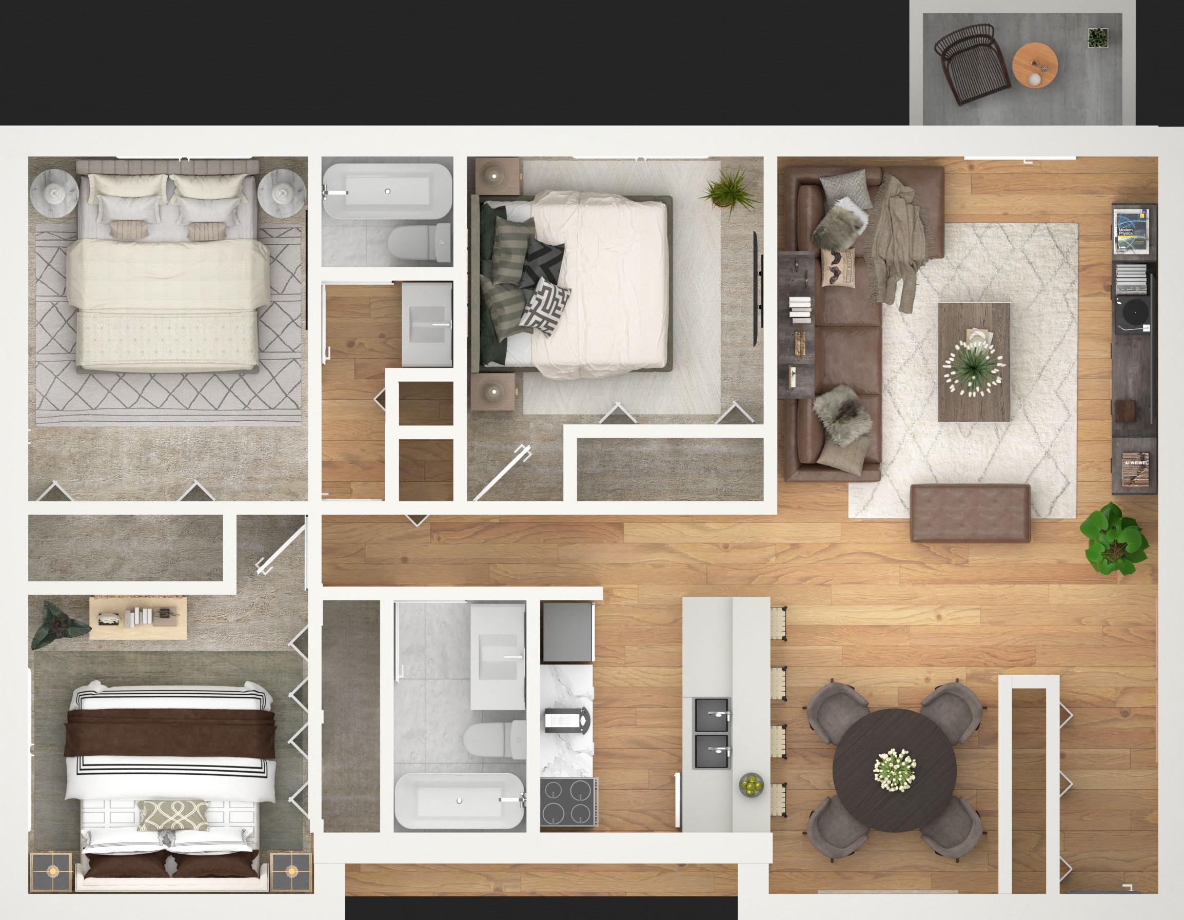 Floor plan for 3 beds, 2 baths, 1248 sqft